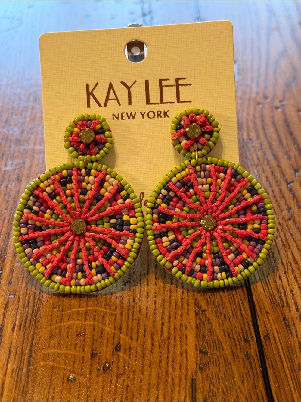 Beaded Circle Drop Earrings - Green & Pink